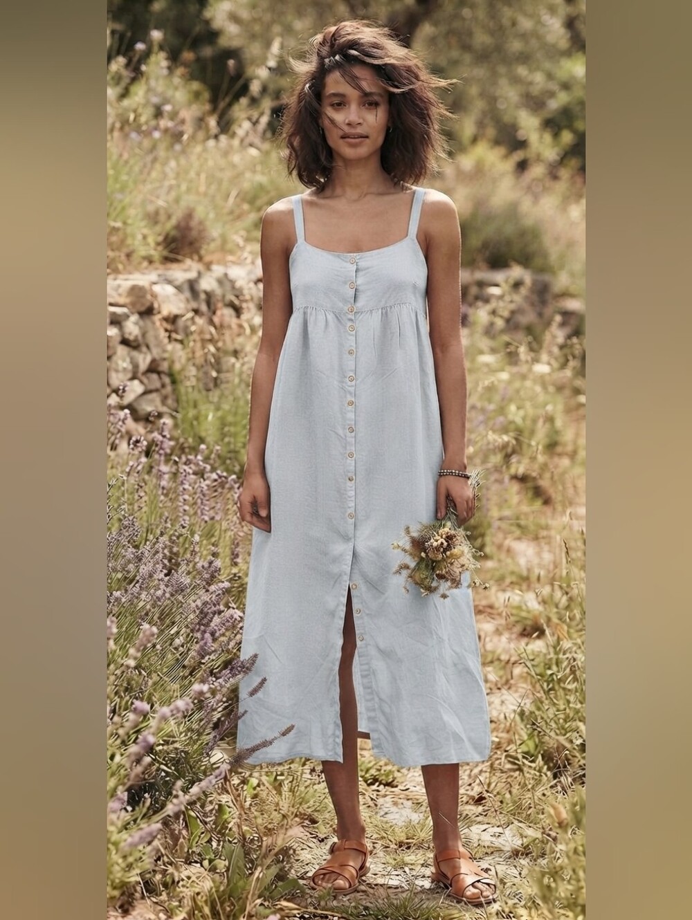 Natural Life Chambray Linen Blend Button-Front Midi Dress | Size Small | Blue Gr